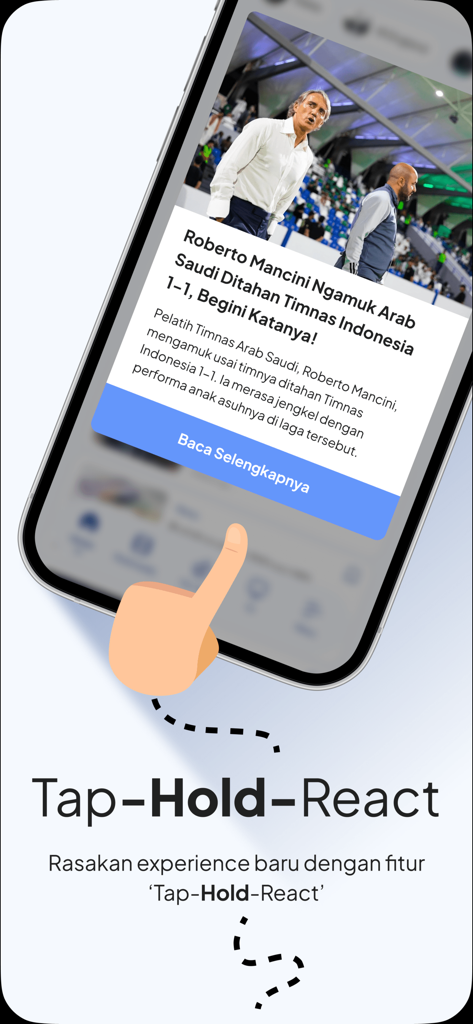 Okezone.com News - A smartphone showing an Indonesian sports news article with a finger icon illustrating the tap hold react interaction feature