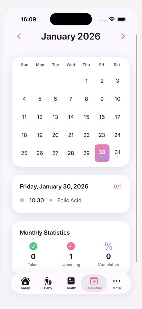 Mom Plus Pregnancy Tracker - Mom Plus app calendar view showing prenatal vitamin reminders for folic acid and monthly statistics