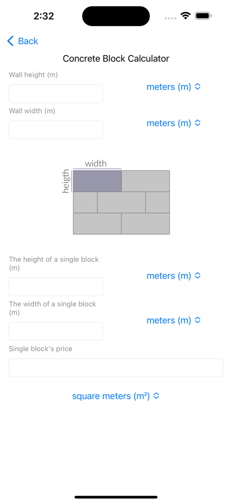 Concrete Calculator Estimator - User interface of the Concrete Block Calculator showing wall dimensions and block price fields