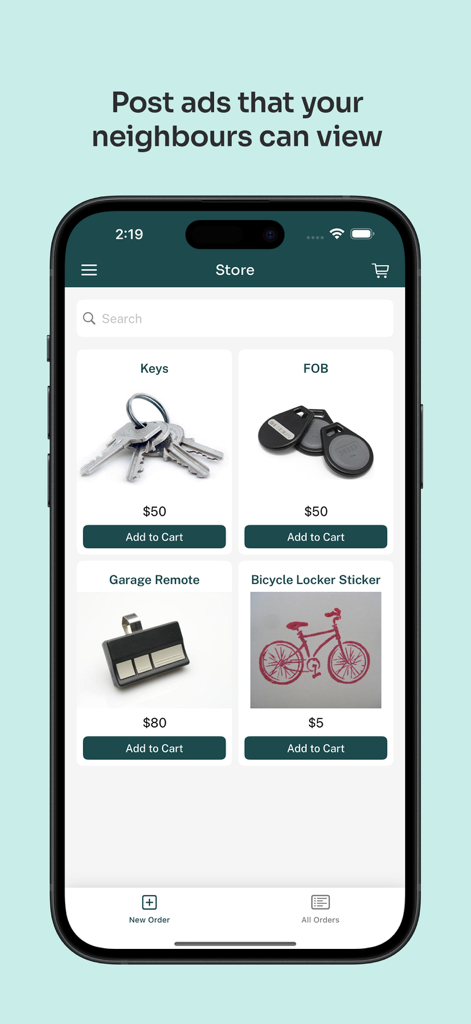 A smartphone screen showing the Condo Control app store where residents can purchase building items like keys fobs and garage remotes