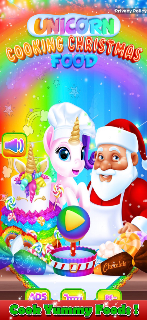 Main menu of Unicorn Cooking Christmas Game featuring a unicorn chef and Santa Claus with a rainbow cake