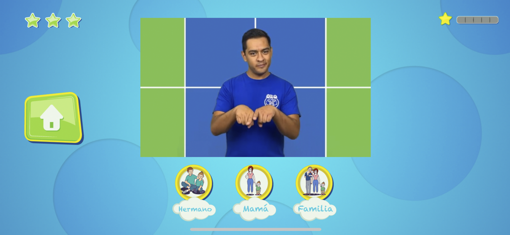 Mexican Sign Language app screen showing a video of a man signing with family themed buttons below