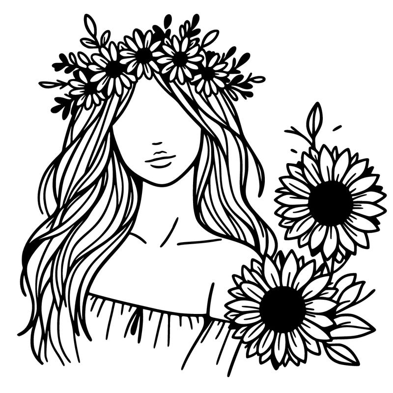 woman with daisy crown and sunflowers minimalist and boho