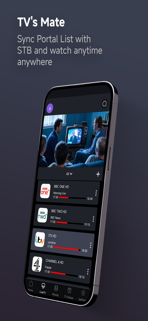 MyTV GO+ - Smartphone displaying the MyTV GO+ app interface with a live TV channel list and video playback.