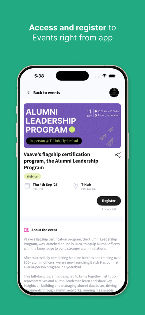 My Alumni Network - A mobile app interface displaying event details and a register button for an alumni leadership program