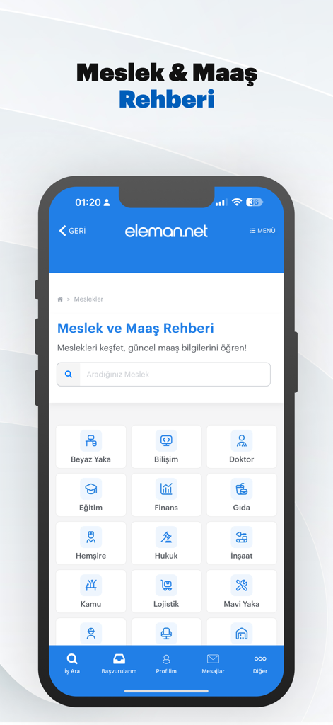 Eleman.net mobile app interface showing the job and salary guide search screen with various professional categories