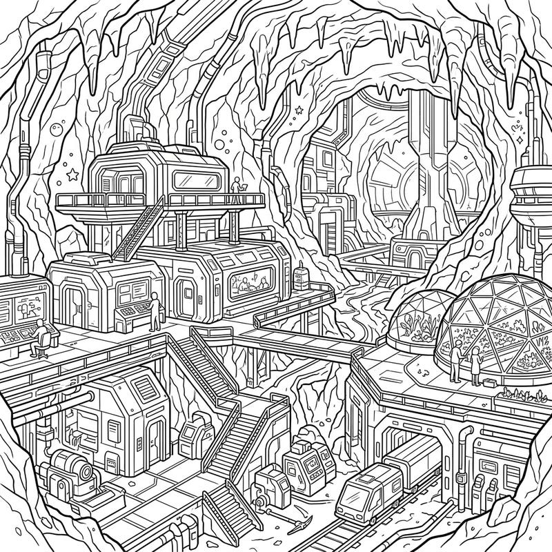 Journey into a fascinating future with this detailed coloring page of a subterranean space habitat. Explore an advanced underground city, complete with intricate architecture and cutting-edge technology, ready for your creative touch.
