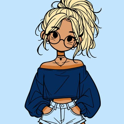 girl with a messy ponytail glasses a baggy crop top and jean shorts