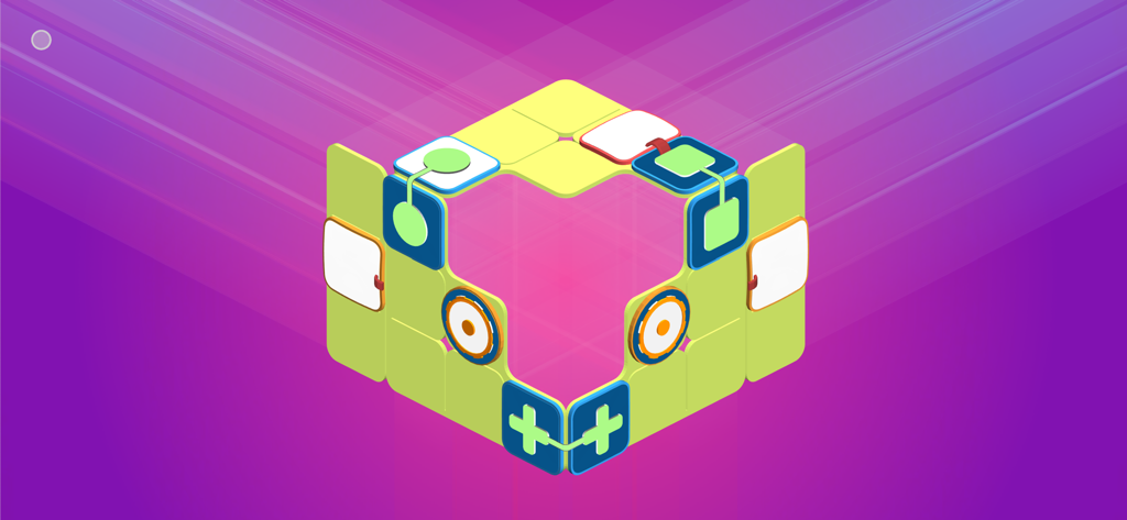 "OXXO" - 紫色の背景にカラフルな幾何学的ブロックがあるミニマルな3Dアイソメトリックパズルゲーム