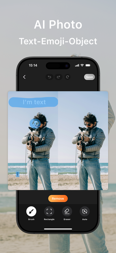 Unwatermark: Remove Objects AI - Before and after comparison showing Unwatermark AI removing text and emojis from a photo of a man and his dog