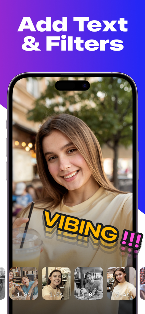 Edits: Reel Maker Video Editor - Smartphone screen of Edits Reel Maker app showing how to add text and filters to a video reel