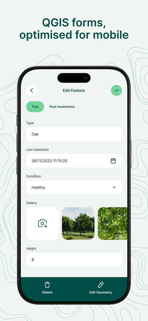 A mobile interface of Mergin Maps showing a professional field survey form with data entry fields for tree types and conditions