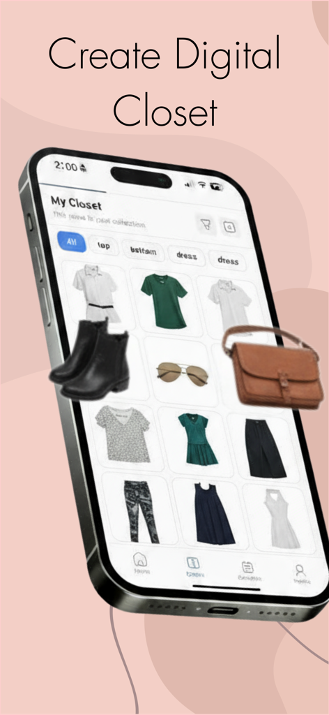 Stylegenai - Outfit Planner - A smartphone screen displaying the Stylegenai app digital closet interface with organized clothing and accessories