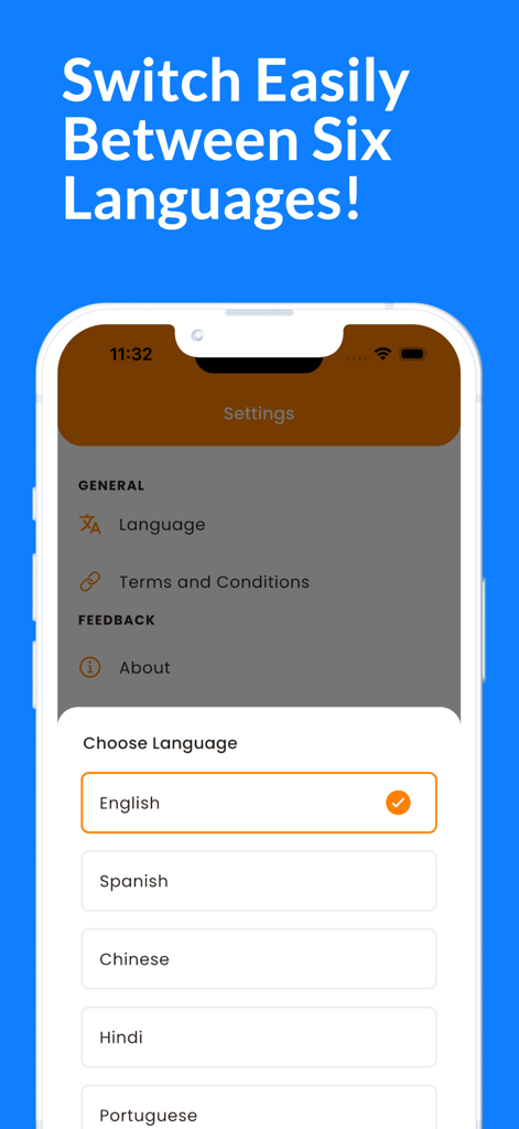 英語、スペイン語、中国語などのオプションを表示するReceive SMS Online Temporaryアプリの言語選択画面