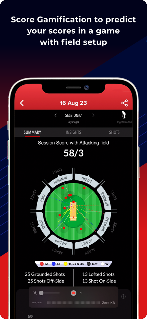 SmartCricket - BatSense - SmartCricket BatSense app interface showing score gamification and shot distribution on a virtual cricket field.