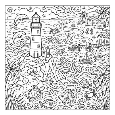 Embark on a captivating coloring journey along the coast with this intricate seascape design. Discover a charming lighthouse, playful ocean animals, and serene beach scenes waiting for your creative touch.