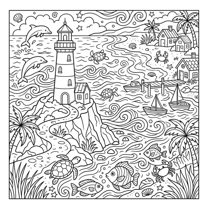 Embark on a captivating coloring journey along the coast with this intricate seascape design. Discover a charming lighthouse, playful ocean animals, and serene beach scenes waiting for your creative touch.