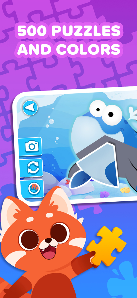 Puzzles & Colors: Kids Games - Una linda mascota panda rojo sosteniendo una pieza de puzzle junto a un puzzle de ballena submarina en la aplicación Puzzles y Colores.