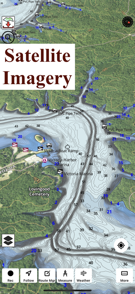 Satellite imagery view with depth contours and marina labels