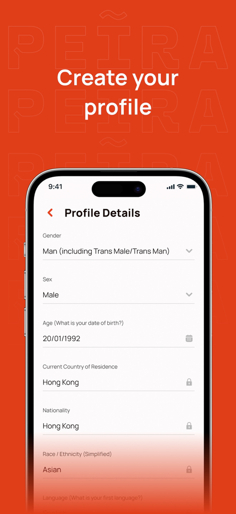 PEIRA - Participate & Get Paid - PEIRA mobile app screenshot showing the profile details registration screen with demographic input fields.