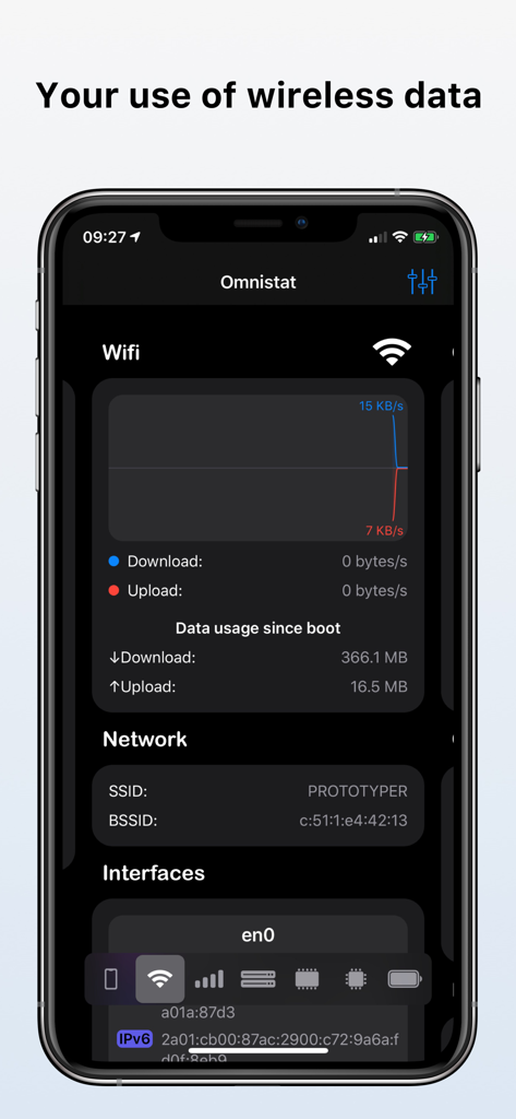 Omnistat 2 - Omnistat 2アプリのインターフェイスには、リアルタイムのWi-Fiデータ使用量とネットワーク接続の詳細が表示されます