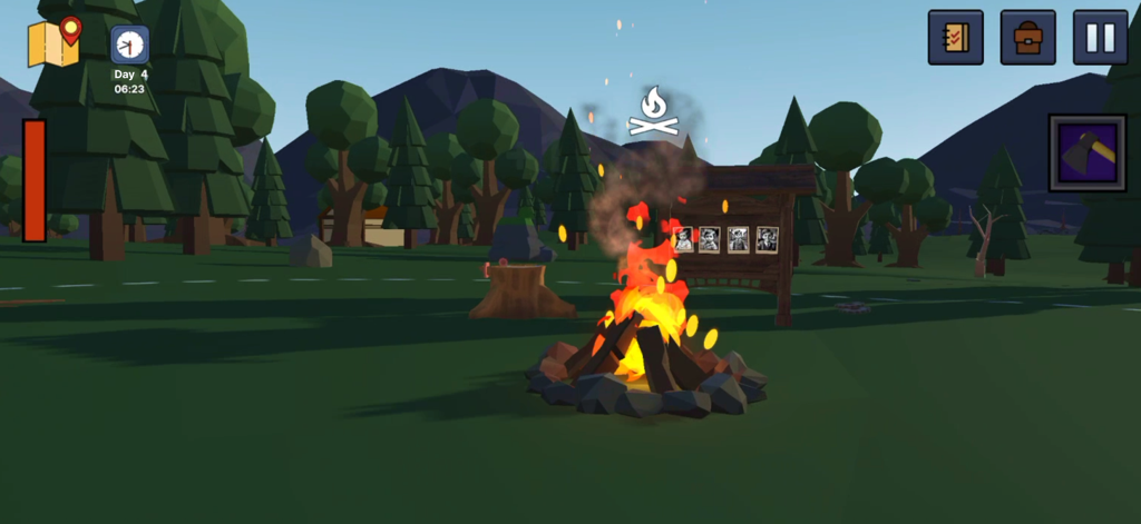 99 Nights In Forest: Survival - Campfire and missing person photos in a low poly forest clearing