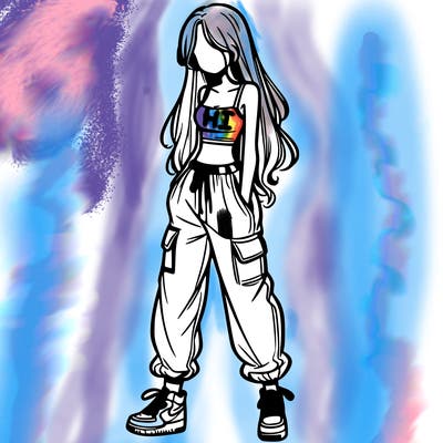 girl in baggy pants crop top and long hair