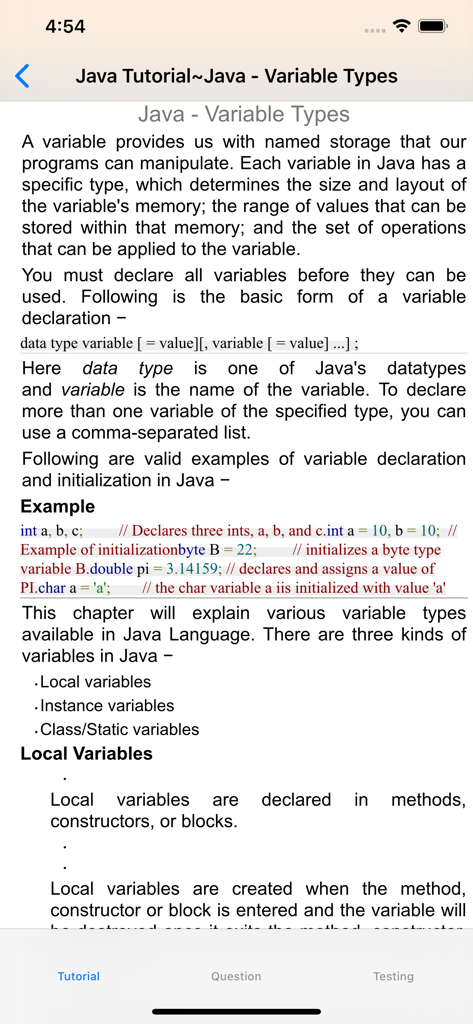 Écran de tutoriel Java sur les types de variables et les déclarations.