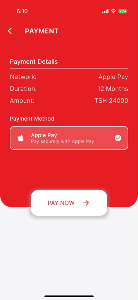 Pantalla de pago de la aplicación Simba SC que muestra un plan de suscripción de doce meses con Apple Pay