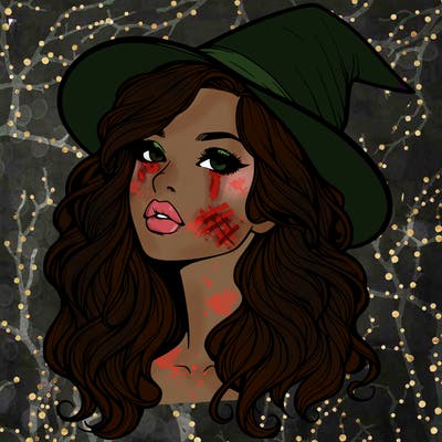 realistic witch girl with wavy hair and lips