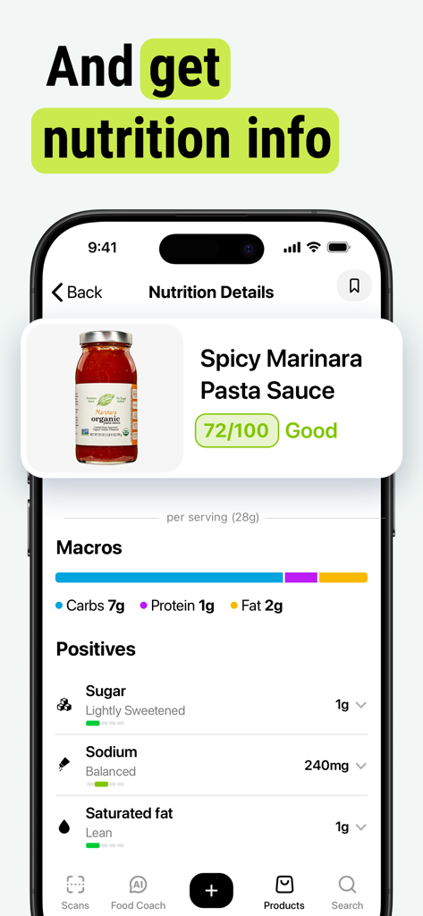 Tela do smartphone mostrando a análise nutricional do OnFork para molho de macarrão, incluindo macros e pontuação de saúde