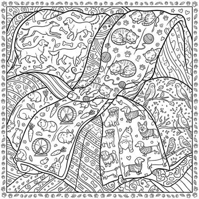 Dive into a world of cozy creatures with this captivating pet-themed blanket coloring page, specifically designed to engage teen artists. Explore intricate patterns featuring dogs, cats, and a menagerie of other beloved animals, perfect for hours of creative relaxation.