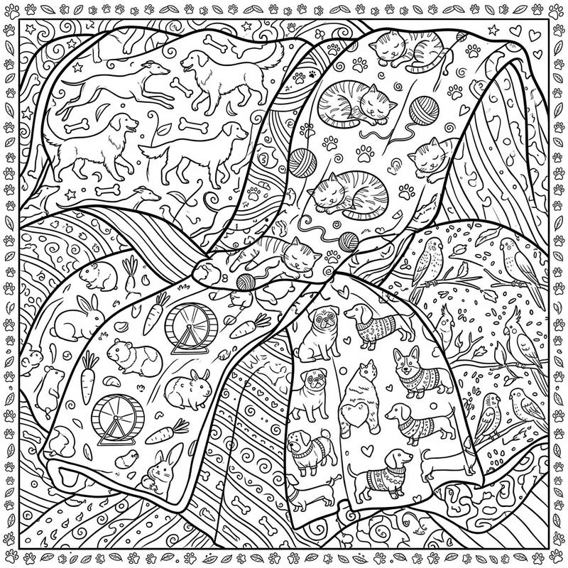 Dive into a world of cozy creatures with this captivating pet-themed blanket coloring page, specifically designed to engage teen artists. Explore intricate patterns featuring dogs, cats, and a menagerie of other beloved animals, perfect for hours of creative relaxation.