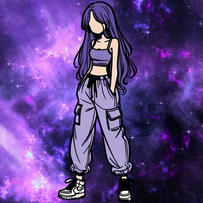 girl in baggy pants crop top and long hair