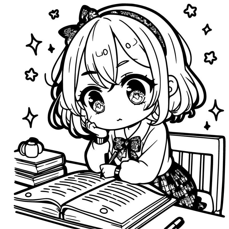 cute manga girl studying