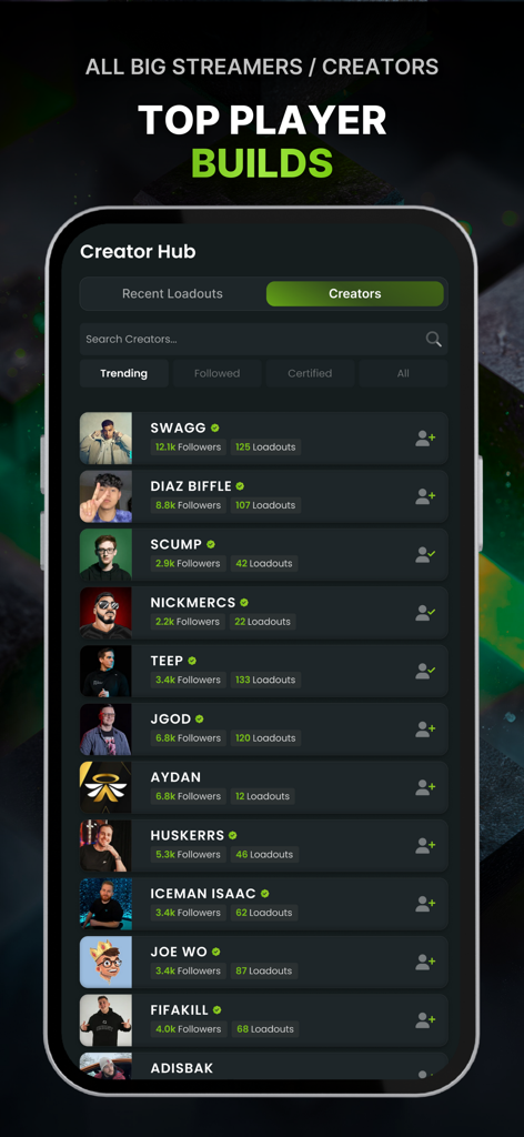 CODMunity: Warzone & BO7 Meta - Creator Hub in the CODMunity app featuring weapon loadouts from top Call of Duty streamers