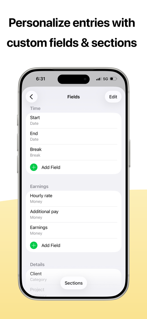 atWork Hours & Pay Tracker - Un'interfaccia mobile dell'app atWork che mostra le opzioni per personalizzare le voci con campi personalizzati per tempo, guadagni e dettagli del cliente.