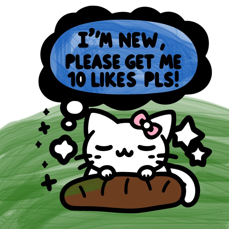 kitty taking a nap dream talking and saying "i'm new, please get me at least 10 likes pls!!"