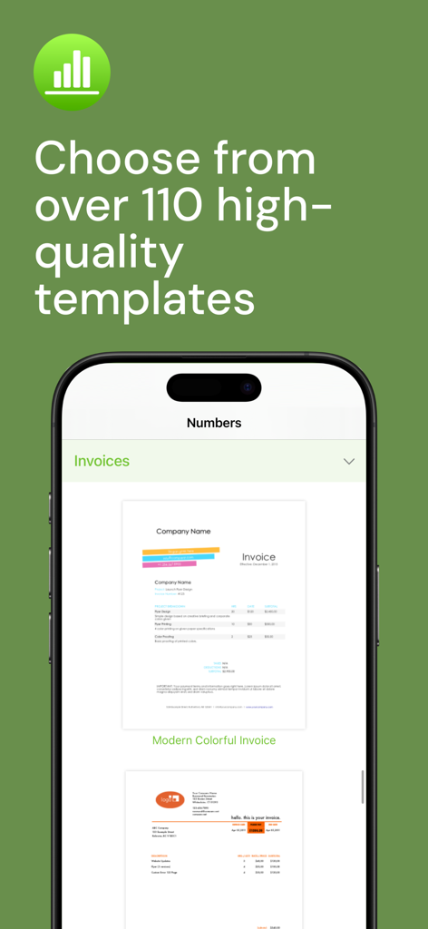 Templates for Numbers Pro - iPhone mit einer Auswahl an bunten Geschäftszahlungsvorlagen für Apple Numbers