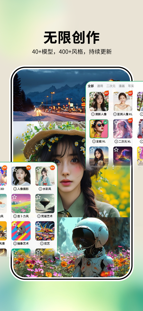 图趣AI - 智能图绘，让画画更简单 - Tuqu AI app interface showcasing diverse AI art models and styles including portrait, watercolor, and anime options.