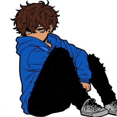 a male hoddie ripped jeans messy hair anime