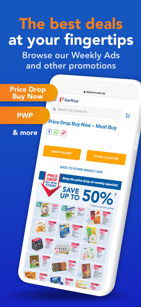 FairPrice Group app showing weekly grocery deals and price drop promotions
