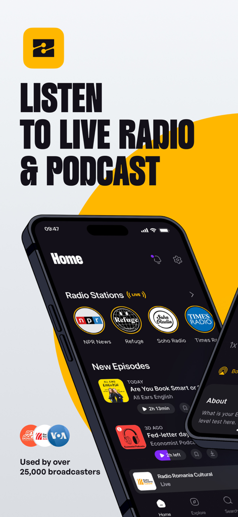 ZenoRadio - Teléfono inteligente mostrando la pantalla de inicio de ZenoRadio con estaciones de radio en vivo y episodios de podcast