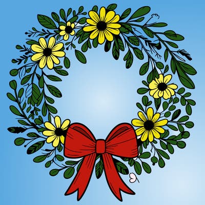 a circular wreath made of flowers, leaves, and small twigs, tied with a bow at the bottom.