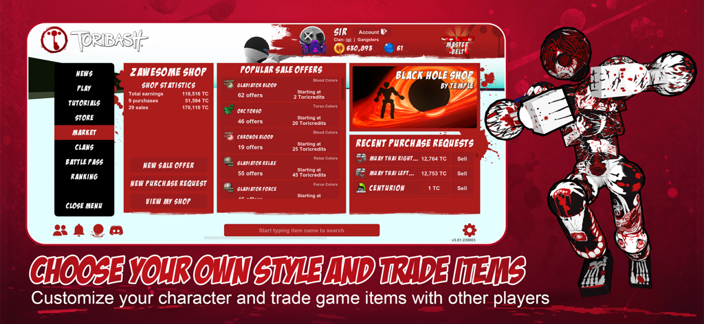 Tela de mercado do Toribash mostrando opções de personalização de personagens e negociação de itens