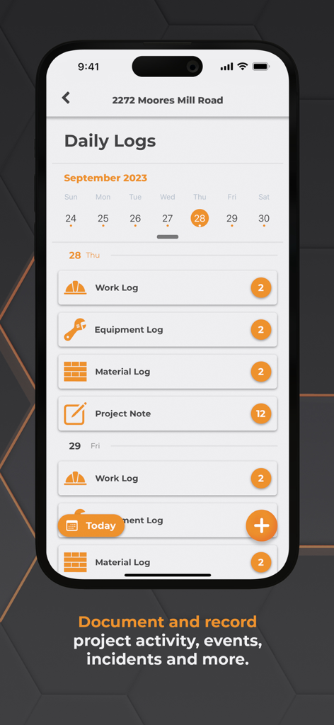 ConstructionOnline - ConstructionOnline mobile app interface showing daily logs for work equipment and material tracking