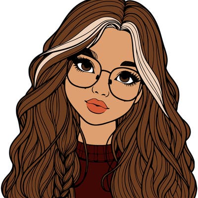 girl with long hair and freckles and glasses realistic