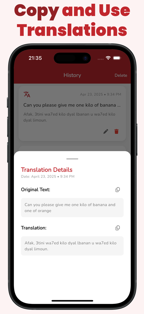 GoDarija Moroccan Translator - GoDarija app interface showing translation history and details for a Moroccan Darija phrase.