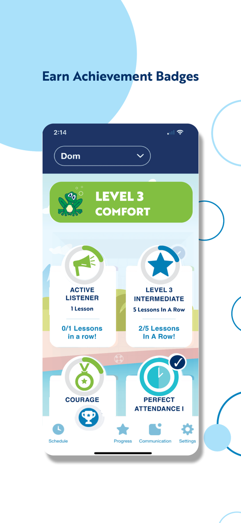 Aqua-Tots - Aqua-Tots mobile app screen displaying children swim achievement badges and lesson progress tracking