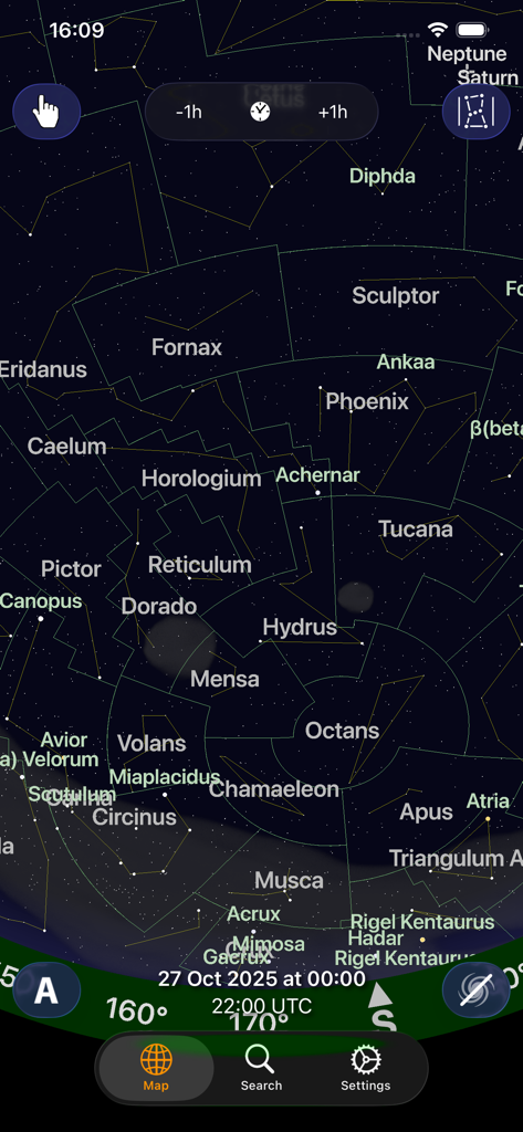 Planisphere - Planisphere app interface showing a detailed star map with constellations and celestial bodies